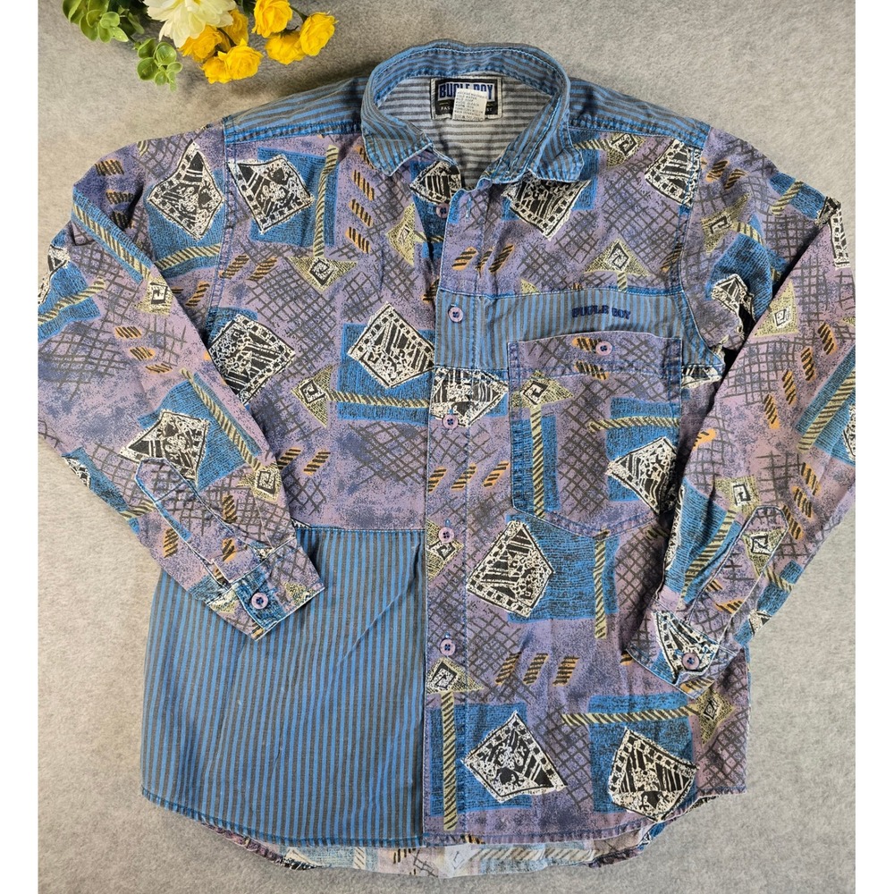 Bugle Boy Button Down Shirt Kids 8-10 Vintage 90s Abstract Multi-Print Cotton